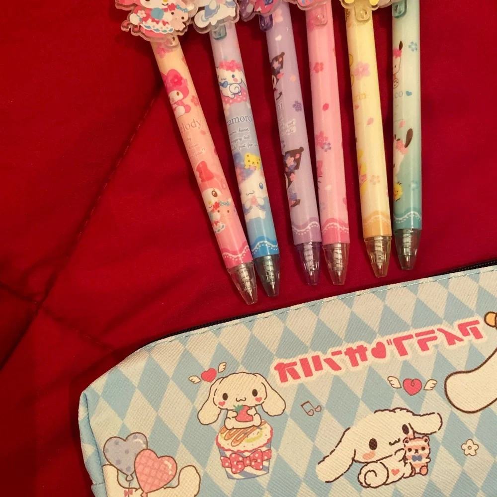 Sanrio pencil case 6 pens and 2 erasers bundle set